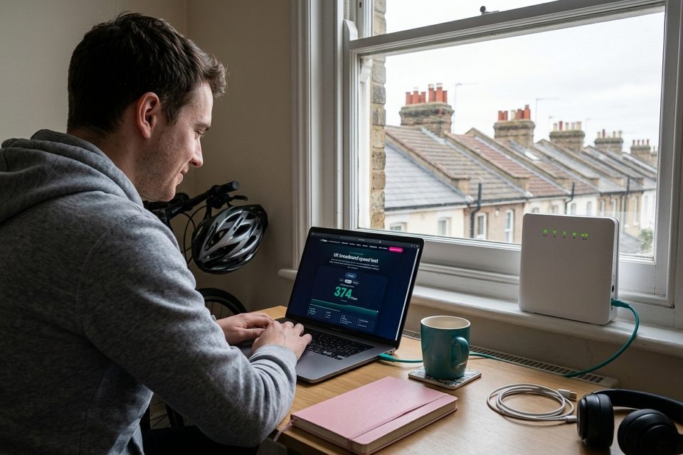 A young man at a desk by a sash window runs the Pulse speed test on a laptop, router on the windowsill, terraced rooftops outside