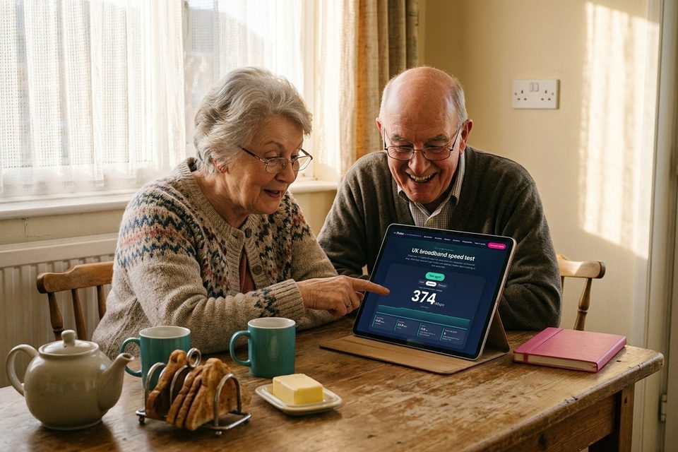 An older couple at a kitchen table smile at a tablet showing a Pulse speed test result of 374 Mbps, teapot and mugs in front of them