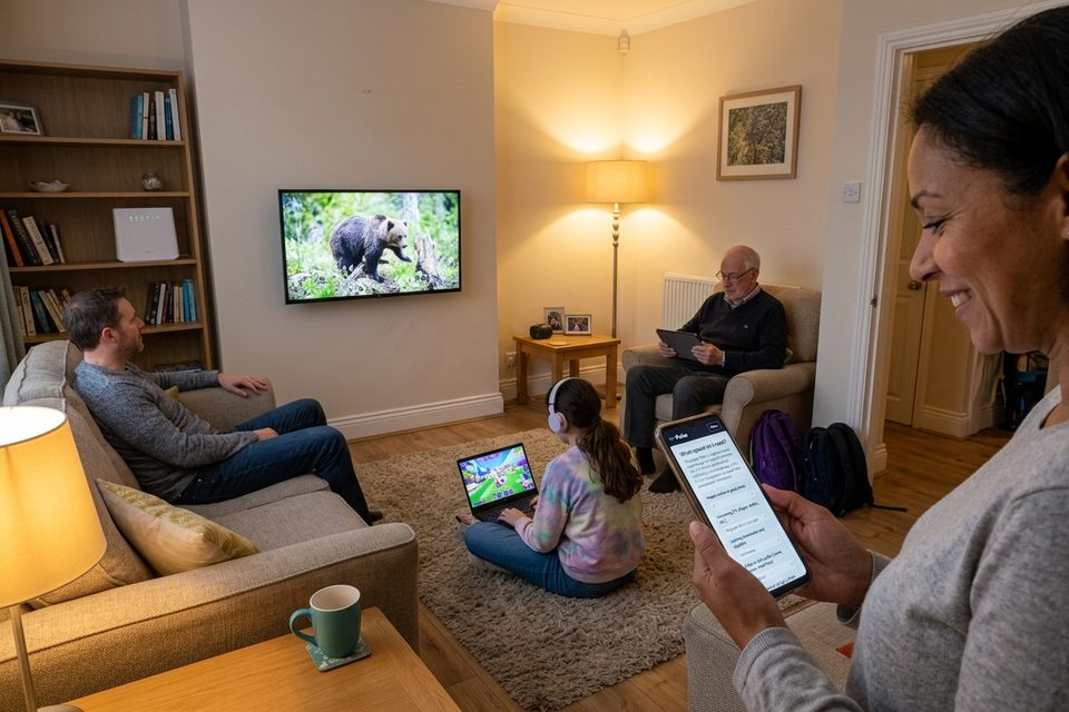 A family in a living room at night: dad watching TV, a girl gaming on a laptop, grandad on a tablet, mum reading the what speed do I need guide on her phone